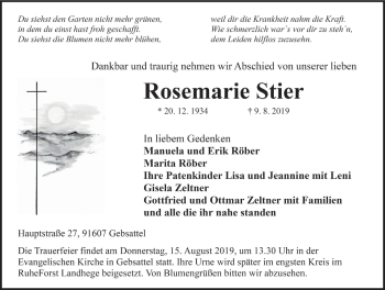 Traueranzeige von Rosemarie Stier von Rothenburg