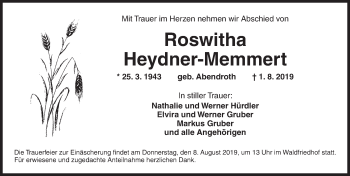 Traueranzeige von Roswitha Heydner-Memmert von Ansbach