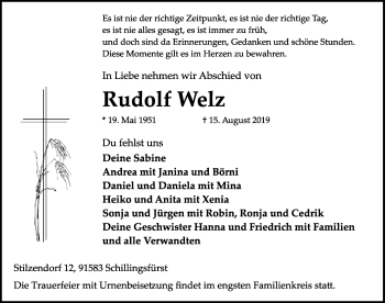 Traueranzeige von Rudolf Welz von Rothenburg (Fränkischer Anzeiger)