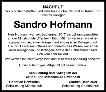 Traueranzeige von Sandro Hofmann von Neustadt/ Scheinfeld/ Uffenheim