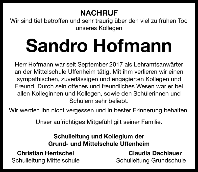  Traueranzeige für Sandro Hofmann vom 10.08.2019 aus Neustadt/ Scheinfeld/ Uffenheim