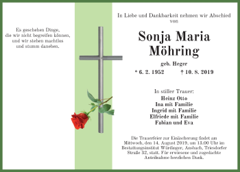 Traueranzeige von Sonja Maria Möhring von Ansbach
