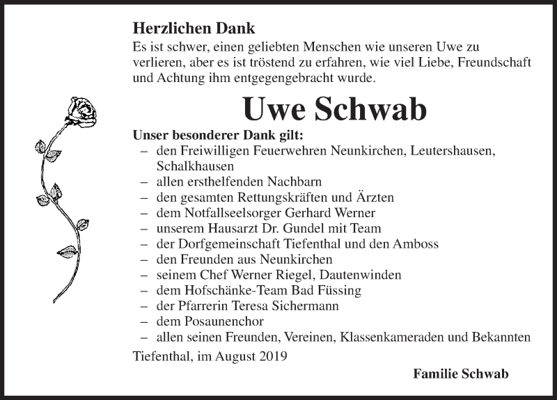  Traueranzeige für Uwe Schwab vom 14.08.2019 aus Ansbach