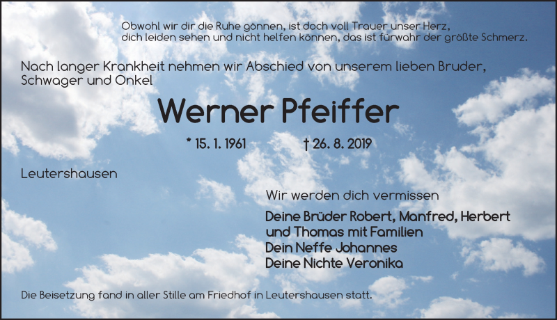  Traueranzeige für Werner Pfeiffer vom 31.08.2019 aus Ansbach