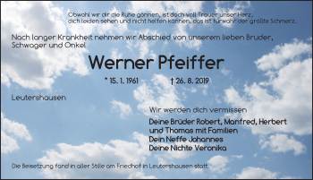 Traueranzeige von Werner Pfeiffer von Ansbach