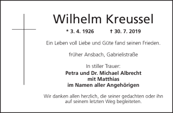 Traueranzeige von Wilhelm Kreussel von Ansbach