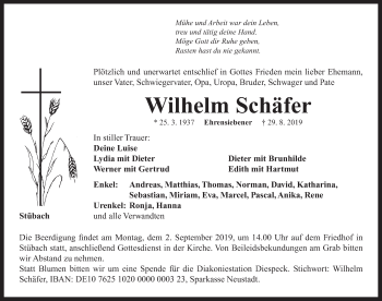 Traueranzeige von Wilhelm Schäfer von Neustadt/ Scheinfeld/ Uffenheim