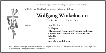 Traueranzeige von Wolfgang Winkelmann von Dinkelsbühl/ Feuchtwangen