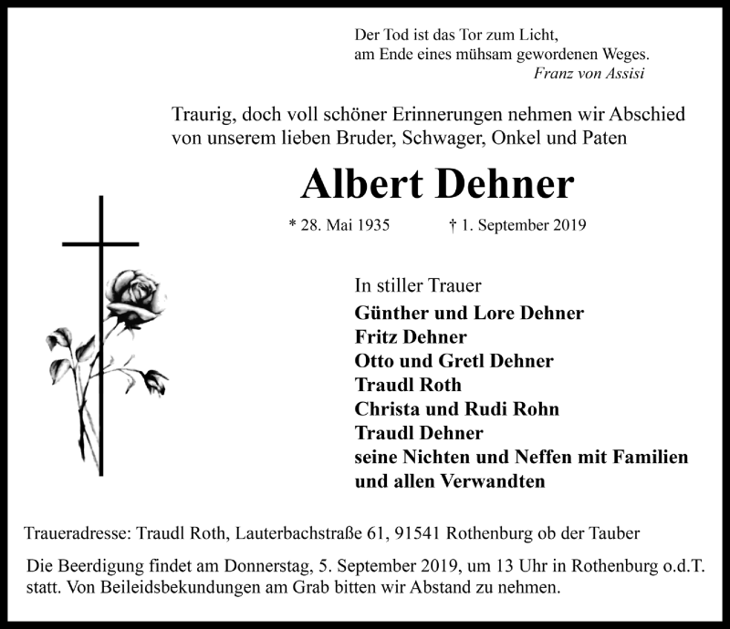  Traueranzeige für Albert Dehner vom 03.09.2019 aus Rothenburg