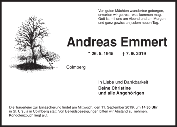 Traueranzeige von Andreas Emmert von Ansbach