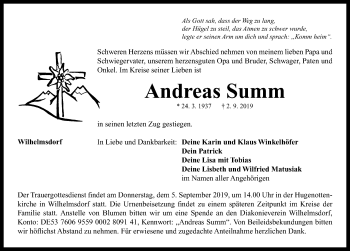 Traueranzeige von Andreas Summ von Neustadt/ Scheinfeld/ Uffenheim