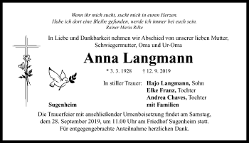 Traueranzeige von Anna Langmann von Neustadt/ Scheinfeld/ Uffenheim