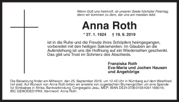 Traueranzeige von Anna Roth von Ansbach