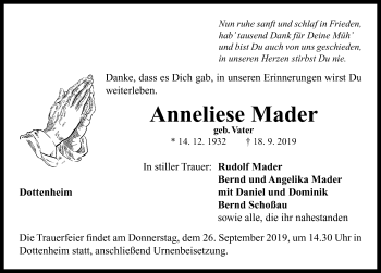 Traueranzeige von Anneliese Mader von Neustadt/ Scheinfeld/ Uffenheim