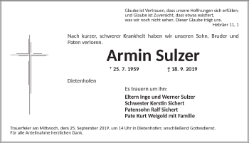 Traueranzeige von Armin Sulzer von Ansbach