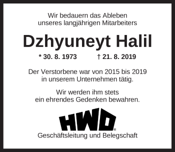 Traueranzeige von Dzhyuneyt Halil von Dinkelsbühl/ Feuchtwangen