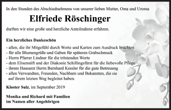 Traueranzeige von Elfriede Röschinger von Rothenburg