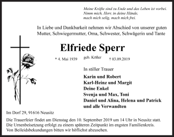 Traueranzeige von Elfriede Sperr von Rothenburg