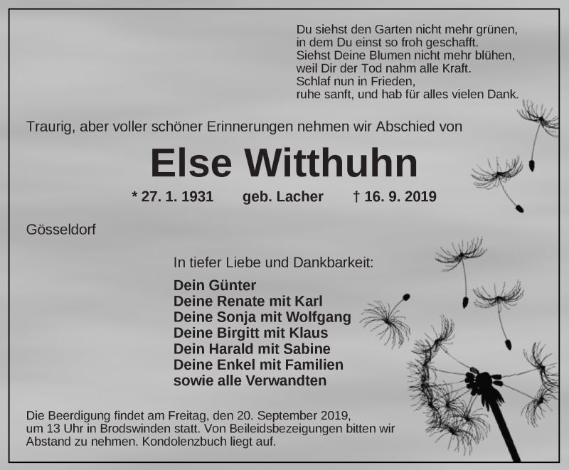  Traueranzeige für Else Witthuhn vom 19.09.2019 aus Ansbach