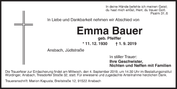 Traueranzeige von Emma Bauer von Ansbach