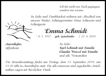 Traueranzeige von Emma Schmidt von Neustadt/ Scheinfeld/ Uffenheim