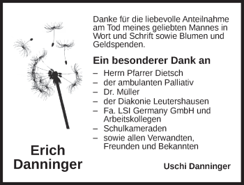 Traueranzeige von Erich Danninger von Ansbach