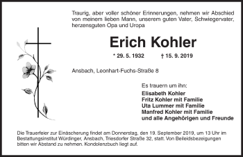 Traueranzeige von Erich Kohler von Ansbach