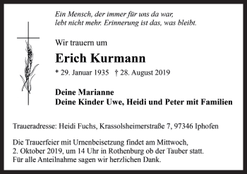 Traueranzeige von Erich Kurmann von Rothenburg