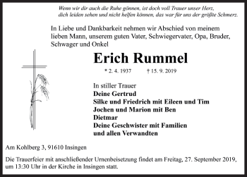 Traueranzeige von Erich Rummel von Rothenburg