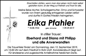 Traueranzeige von Erika Pfahler von Ansbach