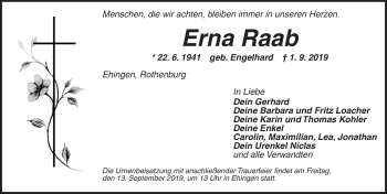 Traueranzeige von Erna Raab von Dinkelsbühl/ Feuchtwangen