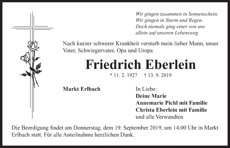  Traueranzeige für Friedrich Eberlein vom 16.09.2019 aus Neustadt/ Scheinfeld/ Uffenheim