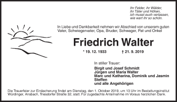 Traueranzeige von Friedrich Walter von Ansbach