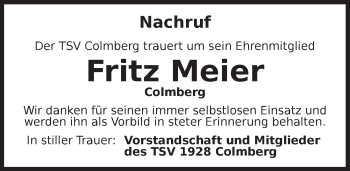 Traueranzeige von Fritz Meier von Ansbach