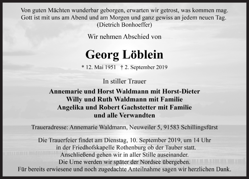  Traueranzeige für Georg Löblein vom 06.09.2019 aus Rothenburg