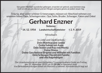 Traueranzeige von Gerhard Enzner von Ansbach