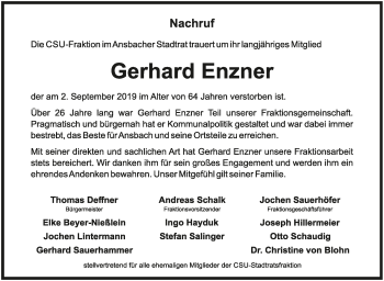 Traueranzeige von Gerhard Enzner von Ansbach