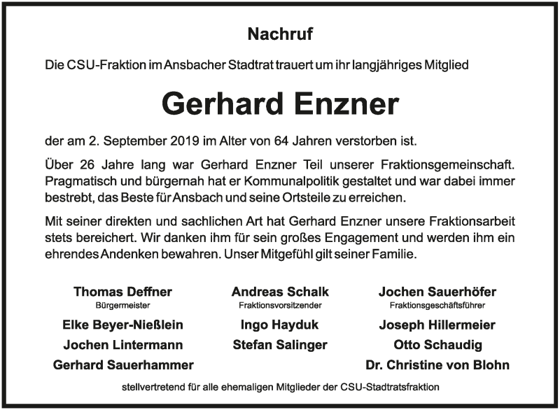  Traueranzeige für Gerhard Enzner vom 10.09.2019 aus Ansbach