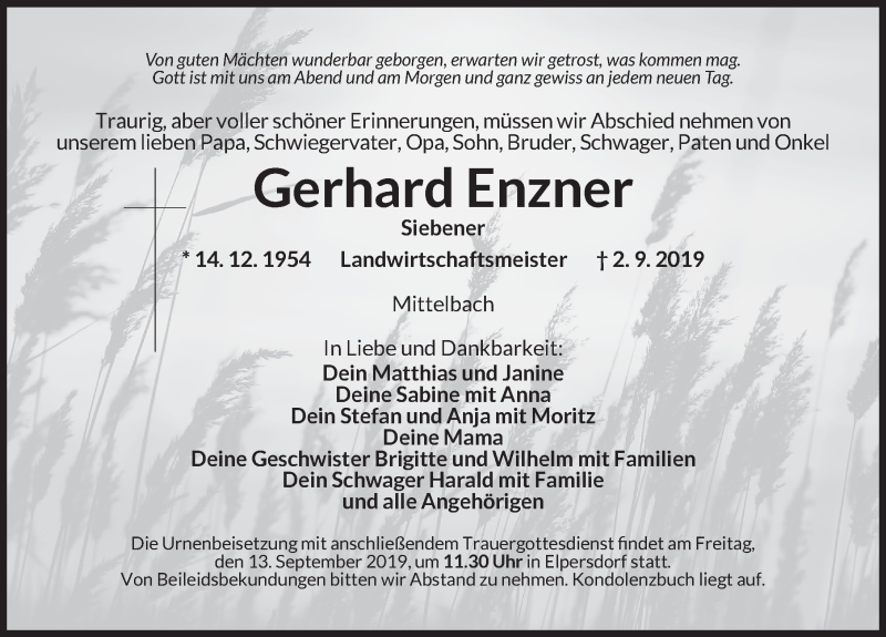  Traueranzeige für Gerhard Enzner vom 10.09.2019 aus Ansbach