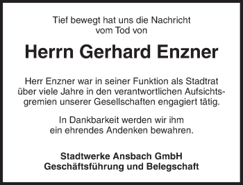 Traueranzeige von Gerhard Enzner von Ansbach