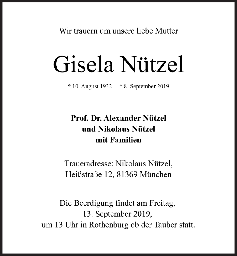  Traueranzeige für Gisela Nützel vom 11.09.2019 aus Rothenburg