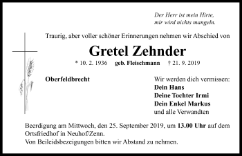 Traueranzeige von Gretel Zehnder von Neustadt/ Scheinfeld/ Uffenheim