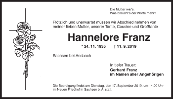Traueranzeige von Hannelore Franz von Ansbach