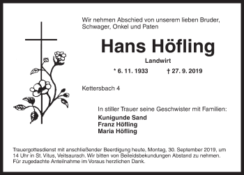 Traueranzeige von Hans Höfling von Ansbach