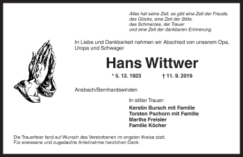 Traueranzeige von Hans Wittwer von Ansbach