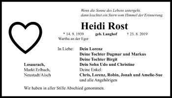 Traueranzeige von Heidi Rost von Neustadt/ Scheinfeld/ Uffenheim