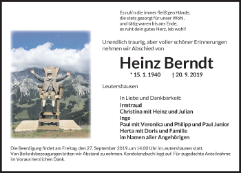 Traueranzeige von Heinz Berndt von Ansbach