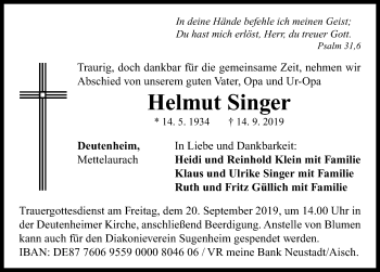 Traueranzeige von Helmut Singer von Neustadt/ Scheinfeld/ Uffenheim