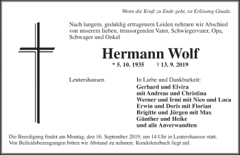 Traueranzeige von Hermann Wolf von Ansbach