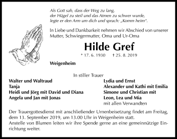 Traueranzeige von Hilde Gref von Neustadt/ Scheinfeld/ Uffenheim